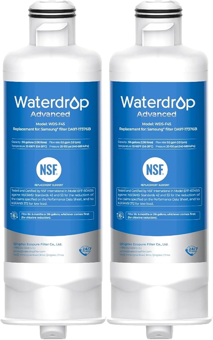 Waterdrop WDS-F45 Water Filter Replacement for Samsung® DA97-17376B, 2 Pack | NSF 53&42 Certified, Replacement for Samsung® HAF-QIN/EXP, DA97-08006C, RF28R7351SG, RF23M8570SR