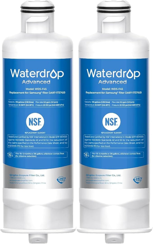 Waterdrop WDS-F45 Water Filter Replacement for Samsung® DA97-17376B, 2 Pack | NSF 53&42 Certified, Replacement for Samsung® HAF-QIN/EXP, DA97-08006C, RF28R7351SG, RF23M8570SR