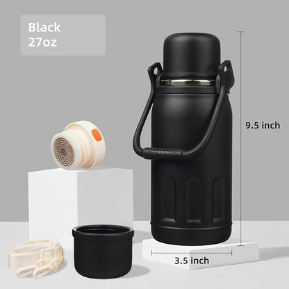 Konokyo Insulated Water Bottle with Handle and Strap,Vacuum Travel Tumbler with Cup Lid,Thermo Coffee Cup for Hot Cold Drinks 27 OZ,Black