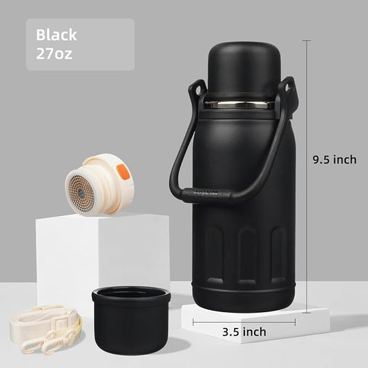 Konokyo Insulated Water Bottle with Handle and Strap,Vacuum Travel Tumbler with Cup Lid,Thermo Coffee Cup for Hot Cold Drinks 27 OZ,Black