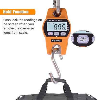 Fuzion Hanging Scale 660LB - Heavy Duty Crane Scale with Aluminum Body | Stainless Steel Hook, Hold/Tare Function, Large Display, Digital Hanging Scales for Weighing Animals, Hays, Fish, Luggage