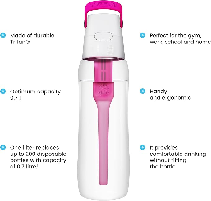 Dafi Filtered Water Bottle with Straw 24 oz - Sports Water Bottle Reusable with Carbon Filter for Travel, Gym, Daily Use - Leakproof, BPA-Free with Hypoallergenic Mouthpiece & Carrying Handle - Pink