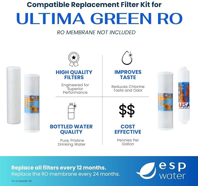 Ultima Green RO Compatible 5 Stage Filter Pack Replacement Filters for Reverse Osmosis Drinking Water System Under Sink RO Kit - Membrane Sold Separately