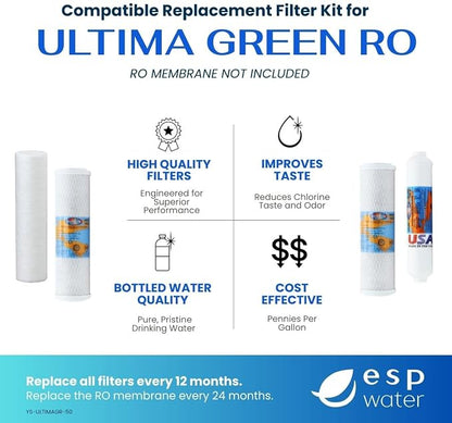 Ultima Green RO Compatible 5 Stage Filter Pack Replacement Filters for Reverse Osmosis Drinking Water System Under Sink RO Kit - Membrane Sold Separately