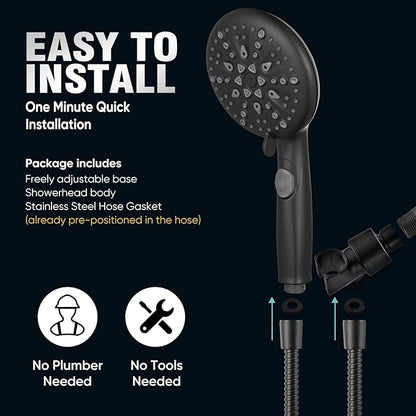 Cobbe 9-Function Shower Head with Built-in Power Spray, 1.8 GPM Water Saving ON/OFF Toggle Switch, High Pressure Handheld Showerhead with 1-Click Pause Button, Brass Bracket & 6ft Hose, Black
