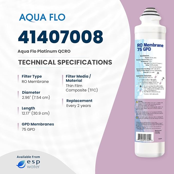 Aqua Flo 41407008 Quick Change RO Membrane – 75 GPD TFC Filter for Aqua Flo Platinum QCRO 4-Stage Systems – Reduces TDS, Easy Twist-Lock Installation
