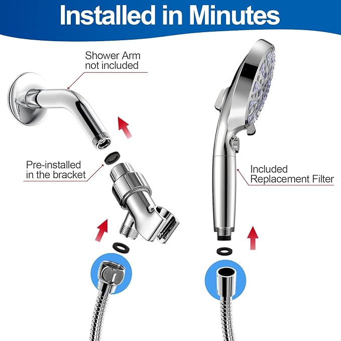 High Pressure 9-mode Filtered Handheld Shower Head with ON/OFF Pause Switch | Detachable Showerhead, 15 Stage Water Softener Filters for Hard Water Remove Chlorine, Meet cUPC and CEC Certification