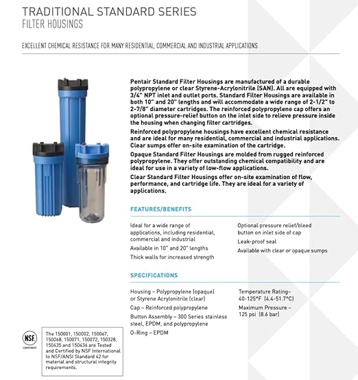 Pentair Pentek 150067 Traditional Standard Filter Housing, 3/4" NPT 10 Opaque Water Filter Housing with Cap and Pressure Relief Button, 10-Inch, Black/Blue