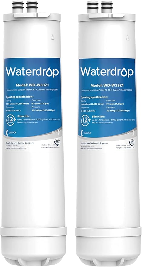 Waterdrop RC EZ 1 Water Filter, Replacement for DuPont® Carbon 3000QT Filter, Culligan® RC-EZ-1, DuPont® WFQTC30001, WFQTC70001, Brita® USF-201, USF-202, 3K Gallons, 2 Pack