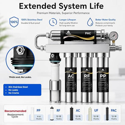 MapleRun 0.01μm Ultra Filtration Under Sink Water Filtration System, 304 Stainless Steel Water Purifier, High Flow Drinking Water Filter for Kitchen Sink, No Electricity Needed