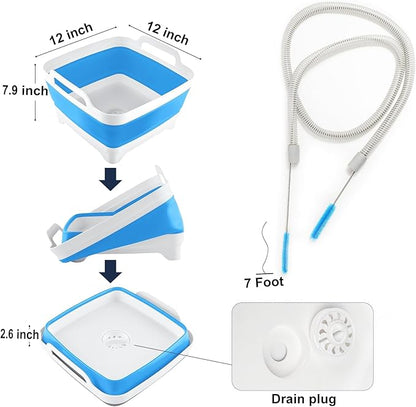 CPAP Hose Cleaning Brush Kit with Collapsible Basin – Dual-Ended 7ft Tube Brush & Small Cleaner, Anti-Slip Wash Tub with Drain Plug & Handles, Fits 15mm & 22mm Tube Cleaning