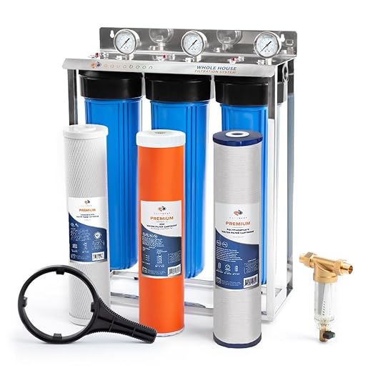 Aquaboon 3-Stage Whole House Water Filter System with 5 Micron 20x4.5 Anti-Scale Reducing Sediment, KDF Heavy Metals and Carbon Chlorine Reduction Water Filter Purification, Wrench, Bracket