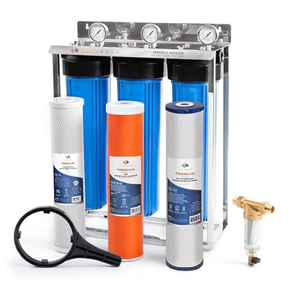 Aquaboon 3-Stage Whole House Water Filter System with 5 Micron 20x4.5 Anti-Scale Reducing Sediment, KDF Heavy Metals and Carbon Chlorine Reduction Water Filter Purification, Wrench, Bracket