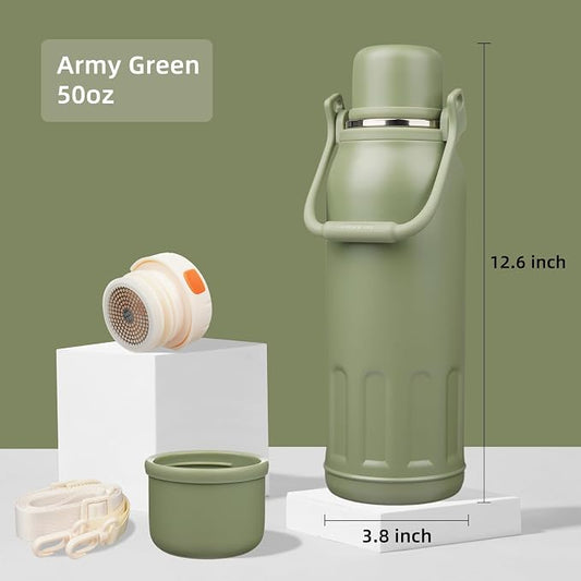 Konokyo Insulated Water Bottle with Handle and Strap,Vacuum Travel Tumbler with Cup Lid,Thermo Coffee Cup for Hot Cold Drinks 50 OZ,Army Green