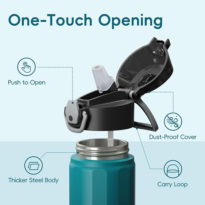 Konokyo FLOWPLAY 25oz Locking Push-Button Water Bottle with Silicone Spout,Leak-Proof,18/8 Stainless Steel Double-Wall Vacuum Insulated for Sports and Travel,BPA-Free,Sea