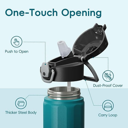 Konokyo FLOWPLAY 25oz Locking Push-Button Water Bottle with Silicone Spout,Leak-Proof,18/8 Stainless Steel Double-Wall Vacuum Insulated for Sports and Travel,BPA-Free,Sea
