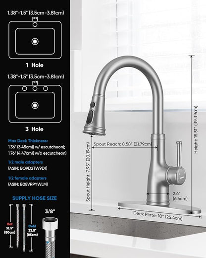 WEWE Vintage Kitchen Faucet with Pull Down Sprayer, Stainless Steel 1 or 3 Hole High Arc Single Handle Antique Sink Faucet for Classic Modern Ktichen, Brushed Nickel Bar & Prep Sinks