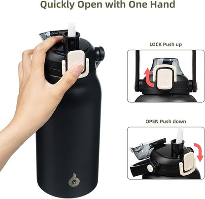 BJPKPK Insulated Water Bottles with Straw, 35 oz Stainless Steel Metal Water Bottle with One-handed Opening Lid, BPA Free Sport Jugs, Flasks for Men & Women, Black