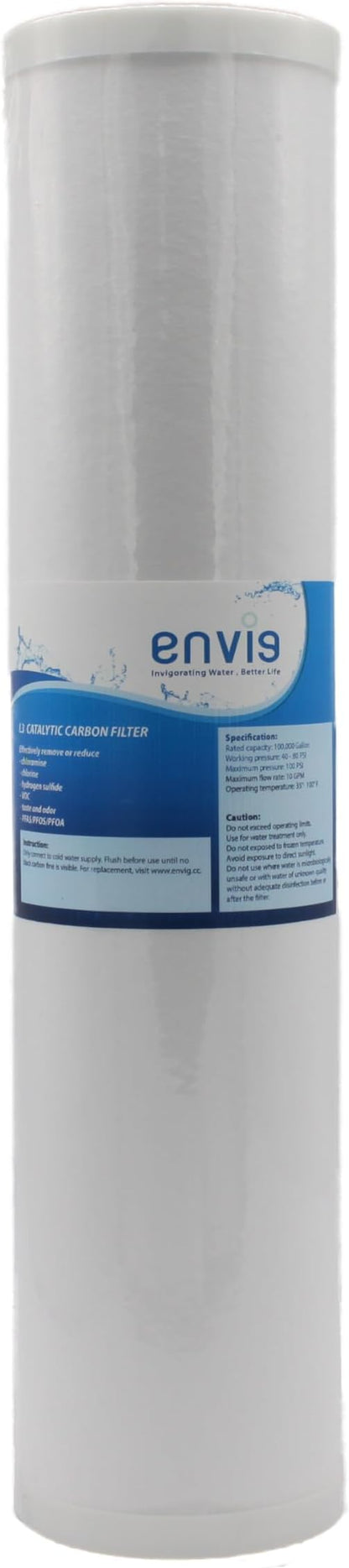 Envig L3 Iron and Hydrogen Sulfide 4.5” x 20” Whole House Water Filter Replacement, Catalytic Carbon KDF, Reducing Hydrogen Sulfide, Iron, Sediment, Chlorine, Chloramine, DBPs, PFAS/PFOS, Heavy Metal