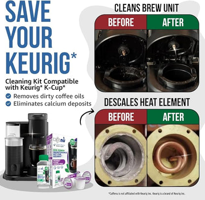 Keurig Compatible Descaling Solution and Keurig Cleaner Pods. Removes Limescale & Cleans Pod Area. Better Tasting & Hotter Coffee. 4 Uses of Descaler & Cleaner.