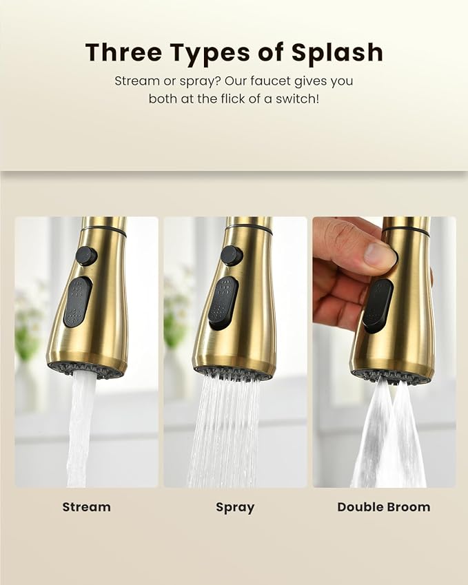 APPASO Kitchen Faucet with Water Filter (Without Water Filtration Device), 2 Handle 3 Way Gold Kitchen Sink Faucet, High Arch 3 Hole Kitchen Faucet with Pull Down Sprayer - 3 in 1 Faucet