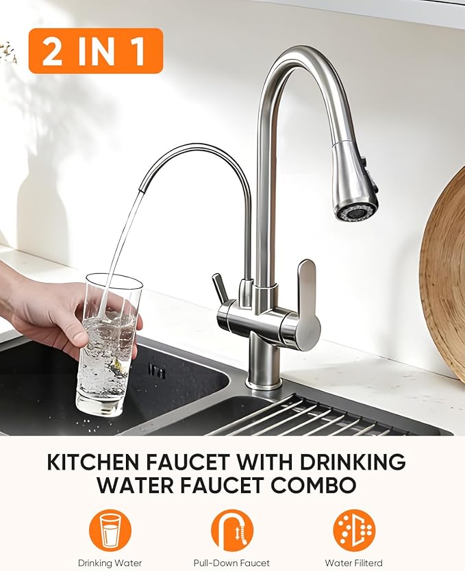 Kitchen Faucet with Water Filter Spout — 2-in-1 Brushed Nickel Pull-Down Sink Faucet, NSF-Certified Filtered Water Tap, Single-Handle with Detachable Deck Plate Fits 1 or 3 Hole by OWOFAN