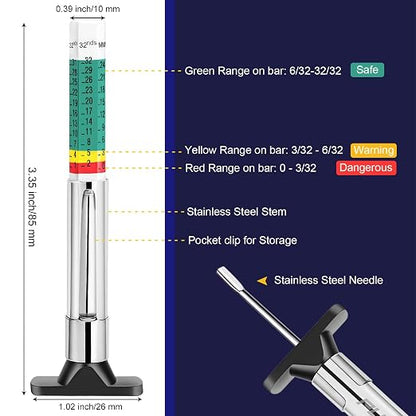 Professional Tire Tread Depth Gauge (1/32" & 25mm) - 6 Sided Color Coded Tire Measurement Tool with Dual Scale,Heavy-Duty Tread Depth Checker for Cars, Trucks & Motorcycles