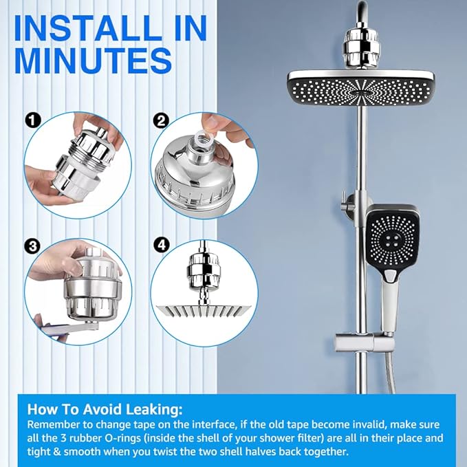 Shower Filter, 20 Stage Shower Head Filter for Hard Water High Output Shower Water Filter Shower Water Softener with 3 Replaceable Filter Cartridges Reduce Chlorine, Dry Skin, Itchy Scalp -Chrome