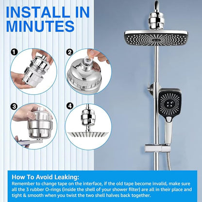 Shower Filter, 20 Stage Shower Head Filter for Hard Water High Output Shower Water Filter Shower Water Softener with 3 Replaceable Filter Cartridges Reduce Chlorine, Dry Skin, Itchy Scalp -Chrome