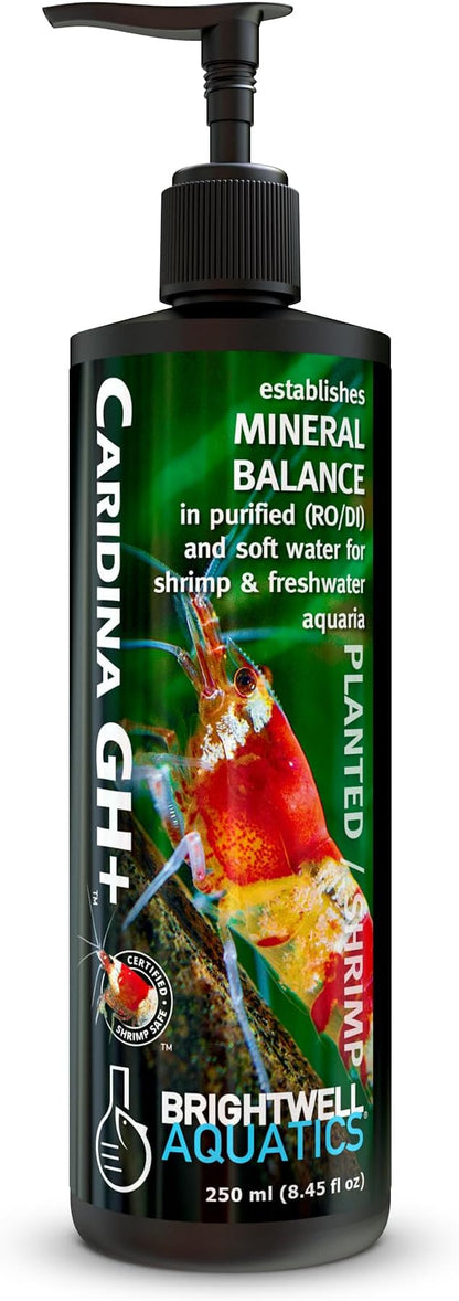 Brightwell Aquatics Caridina GH+ Mineral Supplement Restores Calcium Magnesium Potassium Sodium in Soft RO/DI Water for Shrimp Breeding and Plant Health, 250 ml