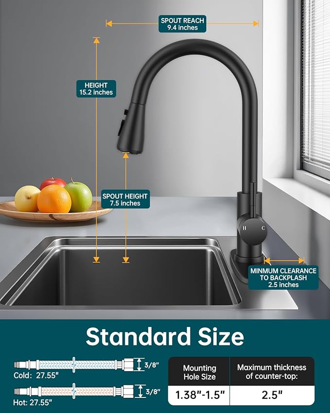 Hiqufet Kitchen Sink Faucet with Pull Down Sprayer with Deck Plate, 1 or 3 Holes High Arc Faucet, Stainless Steel Modern Bar Sink Faucets for Pot Filler, Farmhouse Laundry, RV Bathroom (Black)