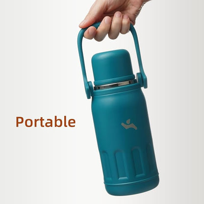 Konokyo Insulated Water Bottle with Handle and Strap,Vacuum Travel Tumbler with Cup Lid,Thermo Coffee Cup for Hot Cold Drinks 50 OZ,Lake Blue