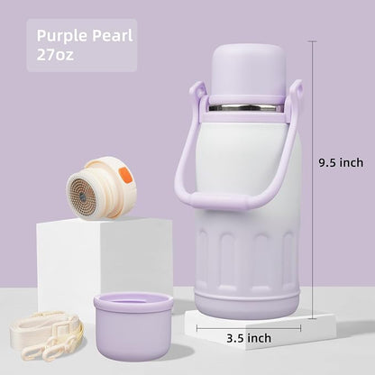 Konokyo Insulated Water Bottle with Handle and Strap,Vacuum Travel Tumbler with Cup Lid,Thermo Coffee Cup for Hot Cold Drinks 27 OZ,Purple Pearl