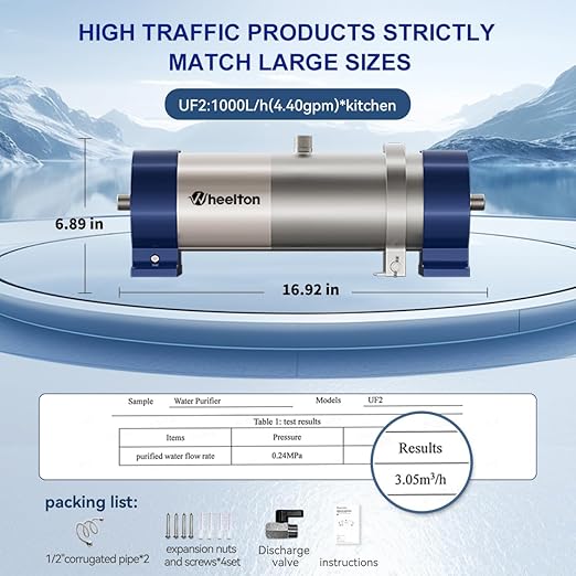 Under Sink Water Filter System Reduces 99% of Contaminants>0.01μm, 4.4GPM Stainless Steel Ultra-Filtration Sediment Water Filter for Sink/RV with 5 Year Service Life for Well & City Water