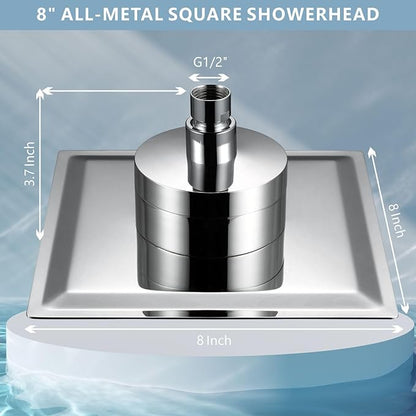 High Pressure Rain Shower Head with Filtered - 8" All Metal Square Showerhead Filter for Remove Chlorine and Harmful Substances, Chrome