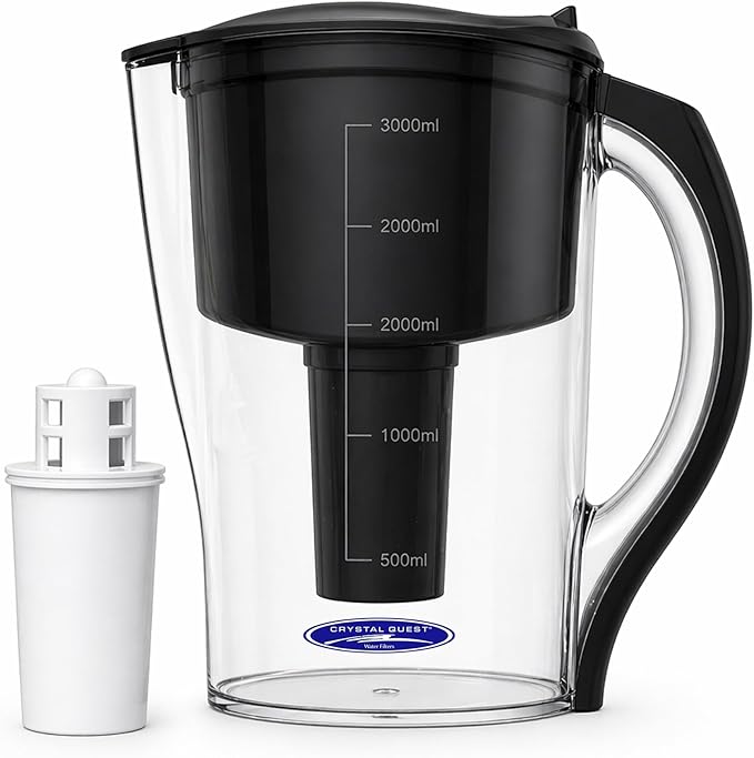 Crystal Quest Water Filter Pitcher - 12-Cup Capacity, 6-Stage Filtration, Includes 1 Long-Life Filter, BPA Free, Meets NSF Standard 42 - Filter Upto 2000 Gallons - Standard (Smart)/Black