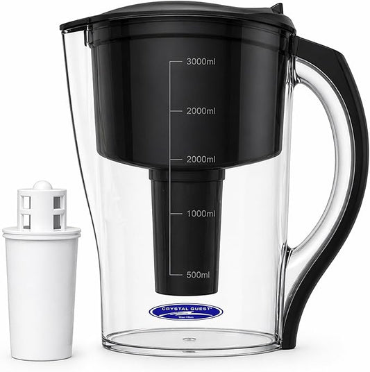 Crystal Quest Water Filter Pitcher - 12-Cup Capacity, 6-Stage Filtration, Includes 1 Long-Life Filter, BPA Free, Meets NSF Standard 42 - Filter Upto 2000 Gallons - Standard (Smart)/Black