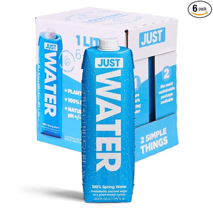 JUST Water - 100% Spring Water, Naturally Alkaline, 8.0 pH - Plant-Based, BPA Free, Sustainable and Fully Recyclable Boxed Water Bottle - Eco-Friendly - 1L / 33.8 Fl Oz (Pack of 6)