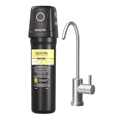 AQUALTRA USF01-BKF Under Sink Filter System, 12K Gal with Faucet, NSF/ANSI/CAN 372 Certified, Reduce PFOA, PFOS, Chlorine, Lead, Mercury, Chloramine, Fluoride, Microplastic Particles, Bad Taste & Odor