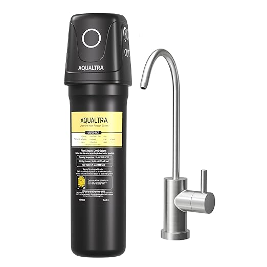 AQUALTRA USF01-BKF Under Sink Filter System, 12K Gal with Faucet, NSF/ANSI/CAN 372 Certified, Reduce PFOA, PFOS, Chlorine, Lead, Mercury, Chloramine, Fluoride, Microplastic Particles, Bad Taste & Odor