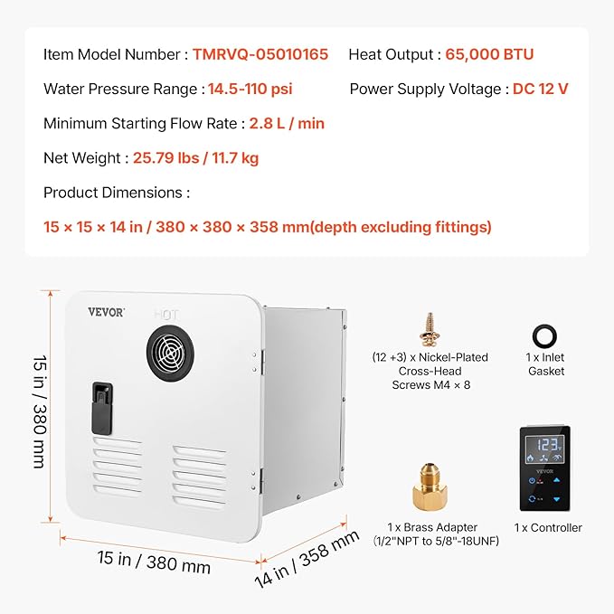 VEVOR RV Tankless Water Heater, 65000 BTU, Instant Shower with 15 x 15 in White Door and Remote Controller, Ideal for RVers' Family Everyday Use