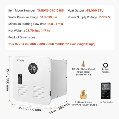 VEVOR RV Tankless Water Heater, 65000 BTU, Instant Shower with 15 x 15 in White Door and Remote Controller, Ideal for RVers' Family Everyday Use