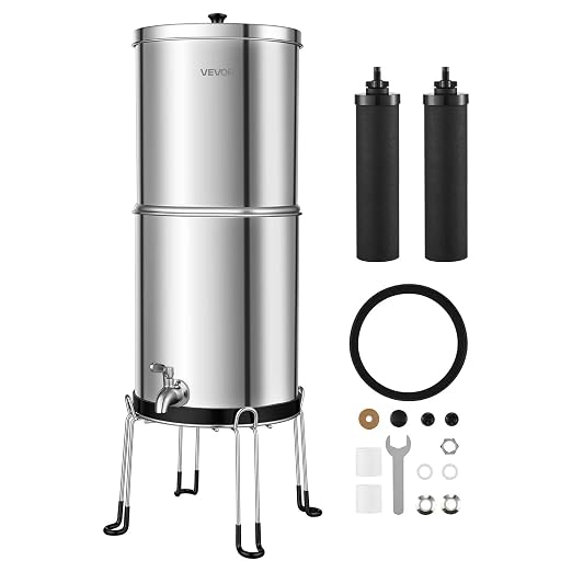VEVOR Gravity-fed Water Filter System, 2.25G 304 Stainless-Steel Countertop Water Filtration System, Reduces Lead and up to 99% of Chlorine, with 2 Carbon Filters, Spigot, and Stand, for Home Camping