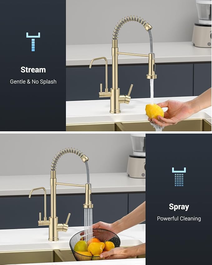 APPASO 3 Way Gold Kitchen Faucet with Water Filter | NSF/ANSI/CAN 372 & Lead-free 3 in 1 Kitchen Faucet for Farmhouse Laundry Camper RV Bar (Without Water Filtration Device)