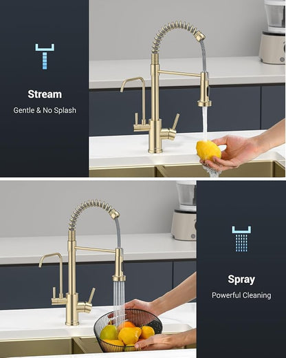 APPASO 3 Way Gold Kitchen Faucet with Water Filter | NSF/ANSI/CAN 372 & Lead-free 3 in 1 Kitchen Faucet for Farmhouse Laundry Camper RV Bar (Without Water Filtration Device)