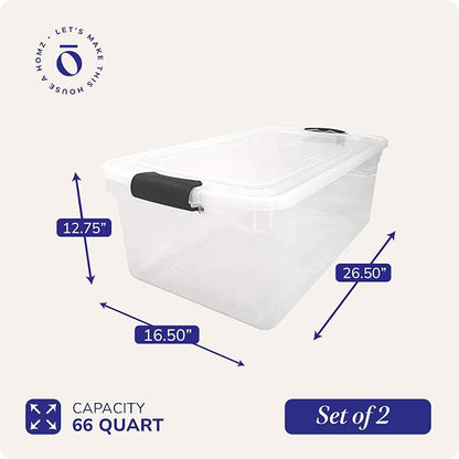 HOMZ Multipurpose 66 Quart Clear Storage Container Tote Bins with Secure Latching Lids for Home or Office Organization, (2 Pack)
