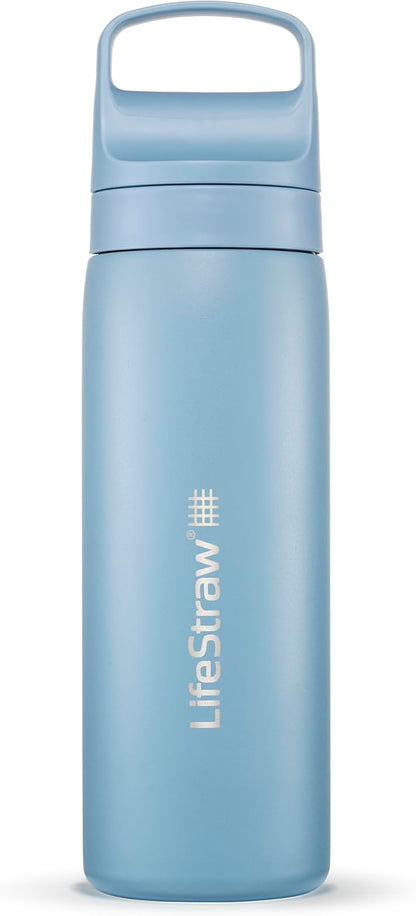 LifeStraw Go Series – Insulated Stainless Steel Water Filter Bottle for Travel and Everyday Use, Removes Bacteria, Parasites and Microplastics, Improves Taste, 18oz Icelandic Blue