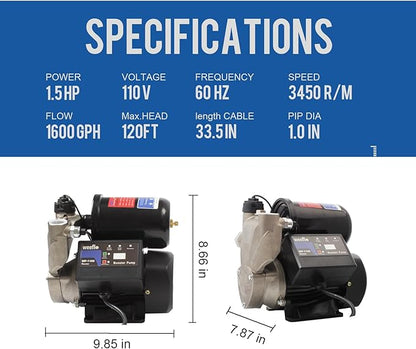 Weeflos 1.5HP Automatic Booster Pump, 1600 GPH Water Pump, 120ft Max Head, Mechanical Pressure Switch, Self-Priming Utility Pump for Shower, Irrigation, Basement, Garden, Pool (1.5HP/120FT)