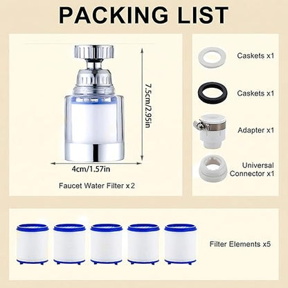 YOTAN 2 Pcs of Sink Water Filter Faucet and 5 Filter Elements Set, Sink Faucet Filter 360°Rotating, Bathroom Faucet Filter Removes Visible Sediment Hard Water, Easy Install, for Bathroom Kitchen Sink