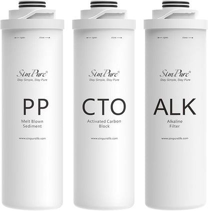 SimPure T1 Series 6-Month Replacement Filter Cartridge Pack Set for Model T1-100ALK, T1-400ALK (1*PP + 1*CTO + 1*ALK)